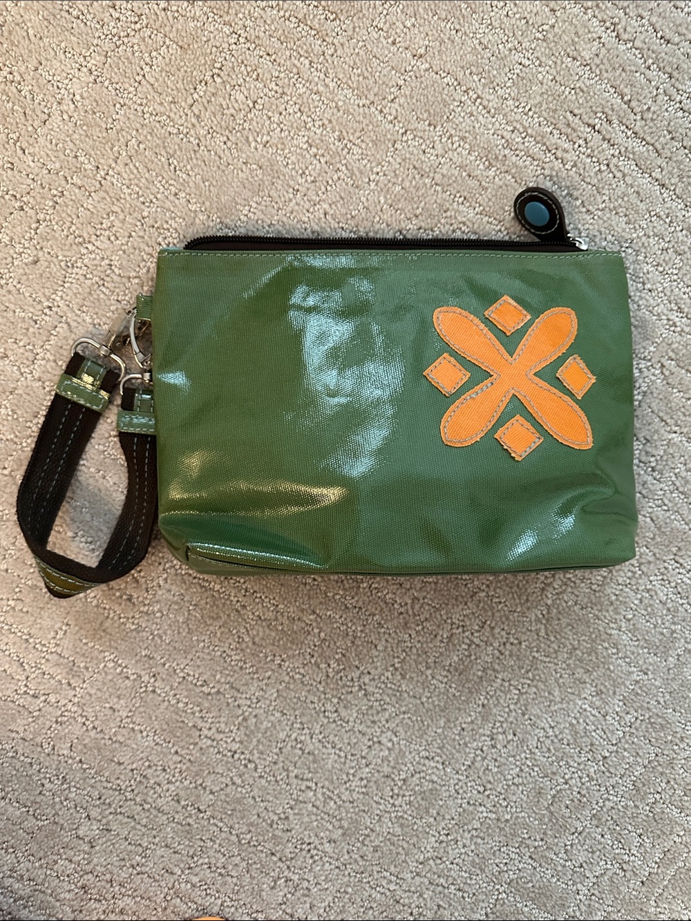 Green Wristlet Clutch with Orange Applique Accent